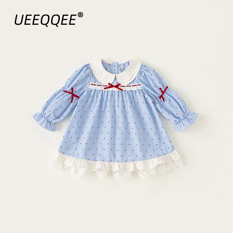 

Spring Autumn Children Dresses 1-10Y Girls Plaid Lace Bow Casual Long Sleeve Princess Dress Korean Toddler Wear For Kids Clothes