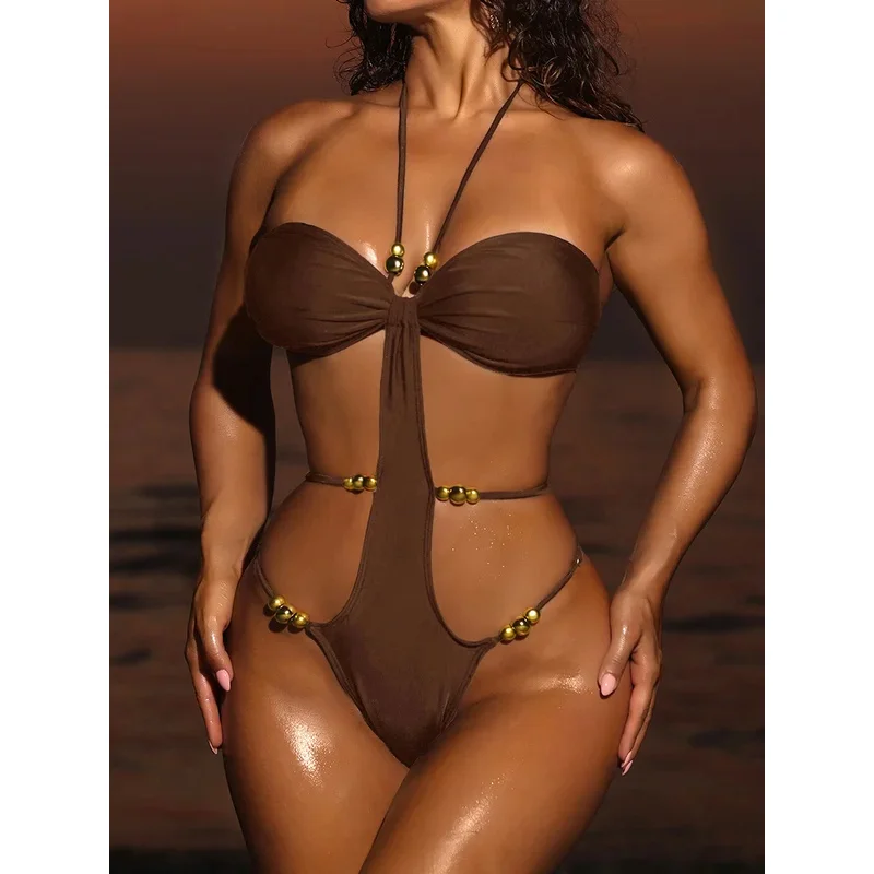 Extreme String Mini Micro Thong Women Swimwear One Piece Swimsuit Female Metal Beads Monokini Halter Bathing Suit Swim Bodysuit