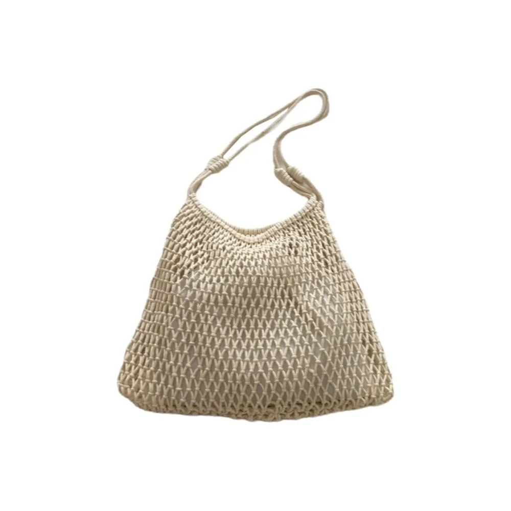Large Capacity Woven Tote Bag Hollow Out Design Cotton Rope Crochet Mesh Handbags Portable Solid Color Mesh Shoulder Bag