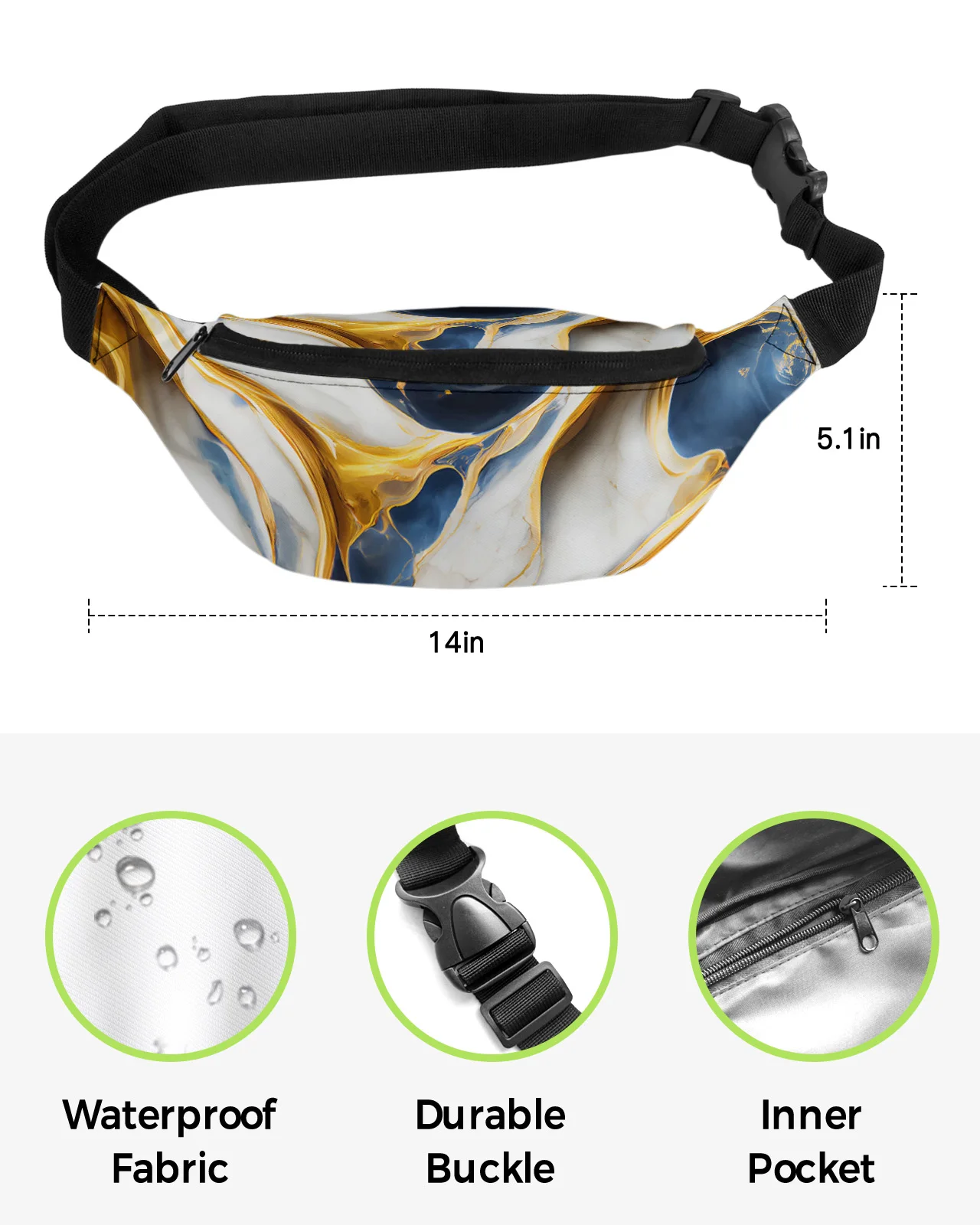 Marble Texture Blue Waist Packs for Women Waterproof Outdoor Sports Waist Bag Unisex Crossbody Shoulder Bag