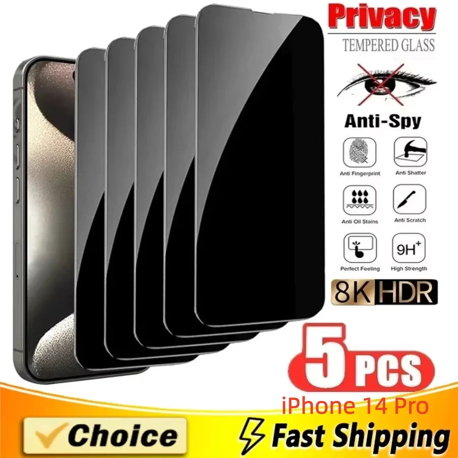 

5PCS Privacy Screen Protector For iPhone 14 Pro Tempered Glass