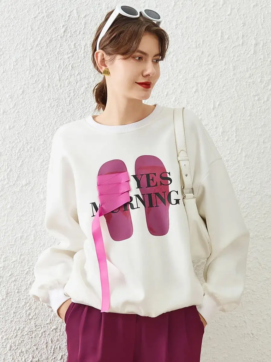 LOUIS YAO Women Sweatshirt 2024 Spring Sweatshirt Pullover Loose Round Neck Long Sleeve Print Letter Webbing Casual Women\'s Top