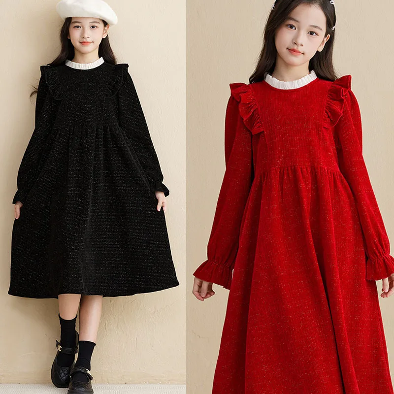 

Corduroy Christmas Dresses For Girls Red Black Dress Autumn Winter Teen Girl Dresses Fall Long Sleeve Child Clothes Party