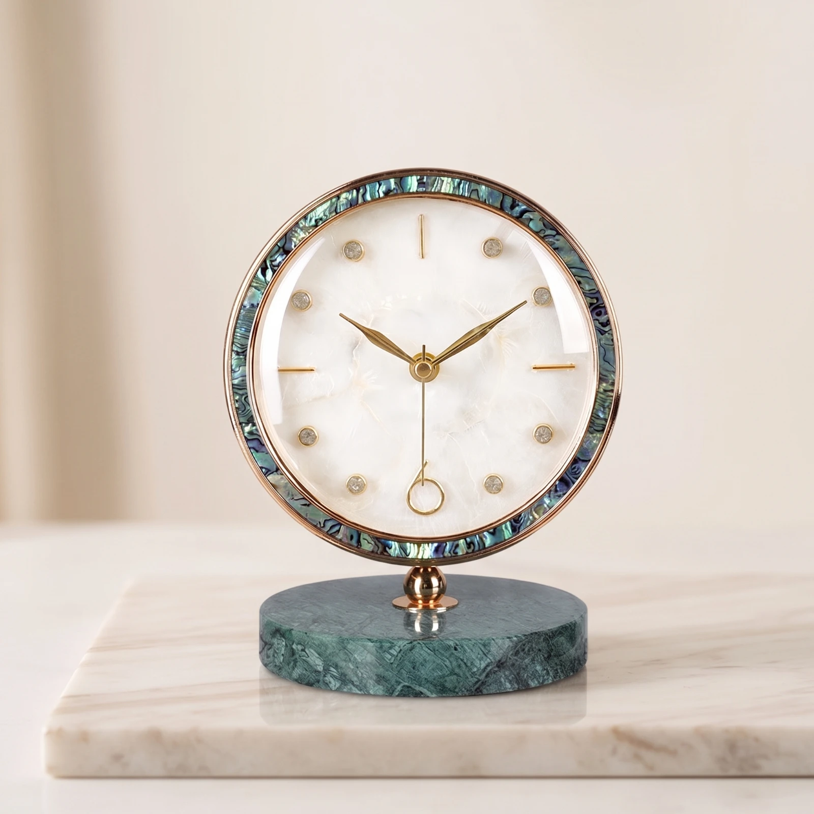Clock with Marble Base Iridescent Decorative Desktop Clock Analog Modern for Homeowners, Living Room, Bedroom