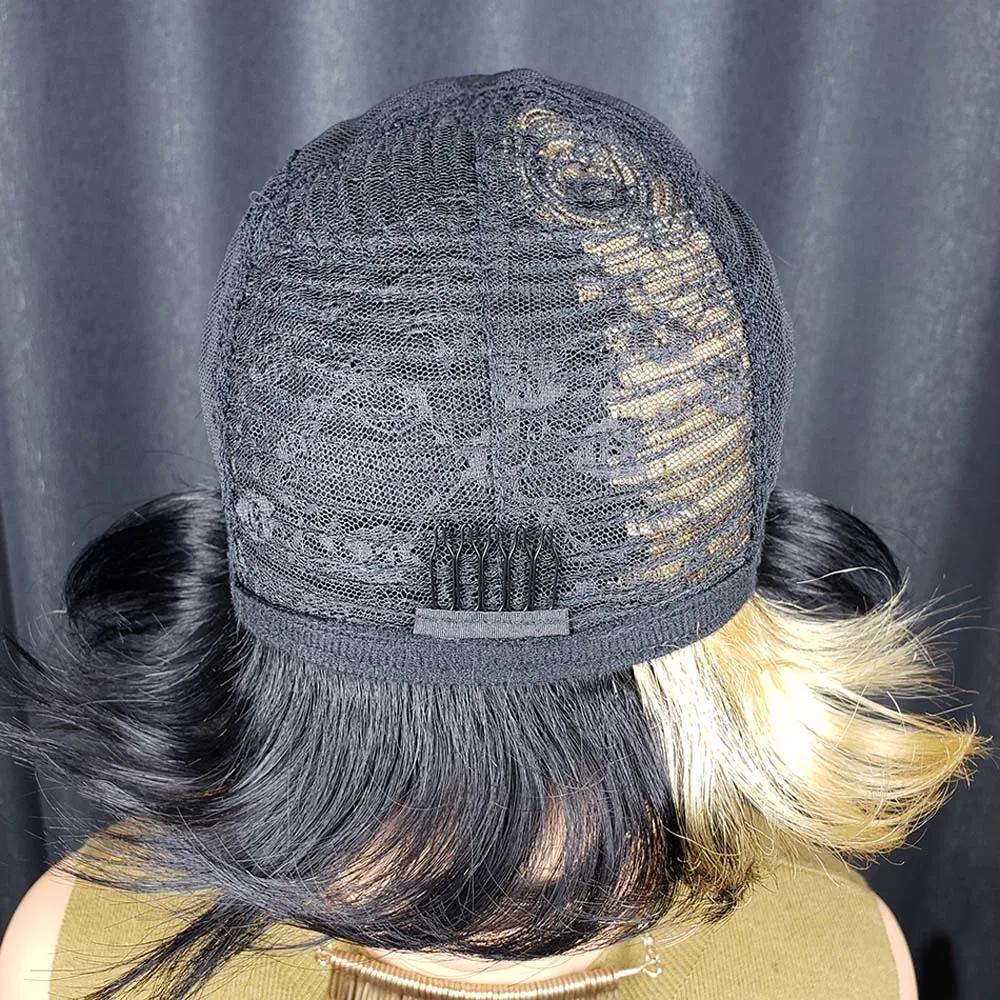 Parrucche per capelli umani con taglio pixie per donna Parrucche ondulate con taglio pixie a strati corti Parrucca brasiliana Remy diritta fatta a macchina Nera con bionda