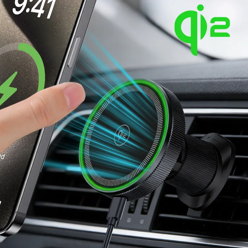 

Беспроводное автомобильное зарядное устройство Qi2 15 Вт с LED-подсветкой, магнитная быстрая зарядная подставка для Magsafe iPhone 17 16 15 14 13 12, держатель для телефона на воздуховод