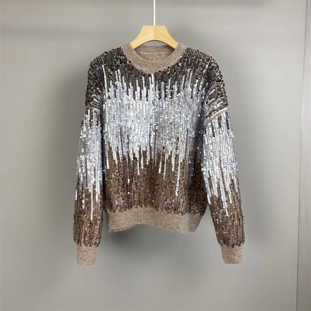 25 الخريف والشتاء جديد الراقية الجودة الصناعة الثقيلة التدرج الترتر الحصان الصوف مزيج بلوزة كاجوال