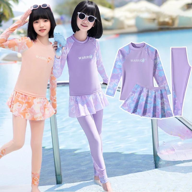 Nuovo Set Costume da Bagno alla Moda per Bambine, Top a Maniche Lunghe con Scritta + Pantaloni + Gonna, 3 Pezzi per Bambine 5-12 Anni, Abbigliamento d