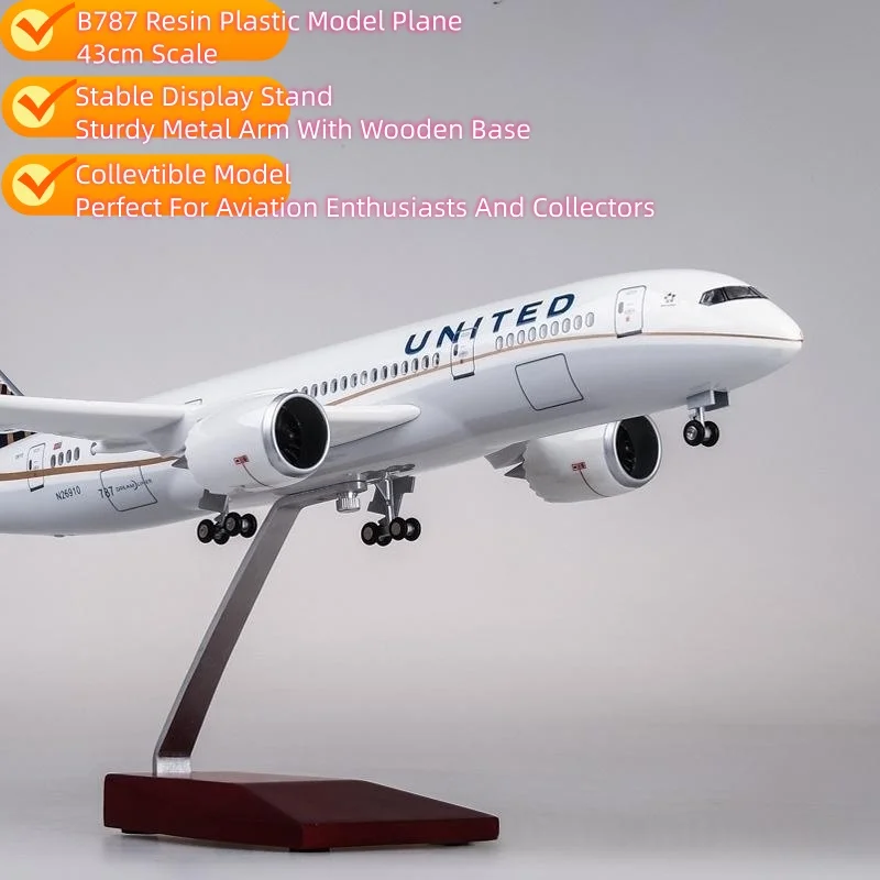 43CM Boe-ing 787 United Airlines B787 Plastic Model Resin 1:130 Scale Plane With Landing Gear Wheels Collectible Miniatures Gift