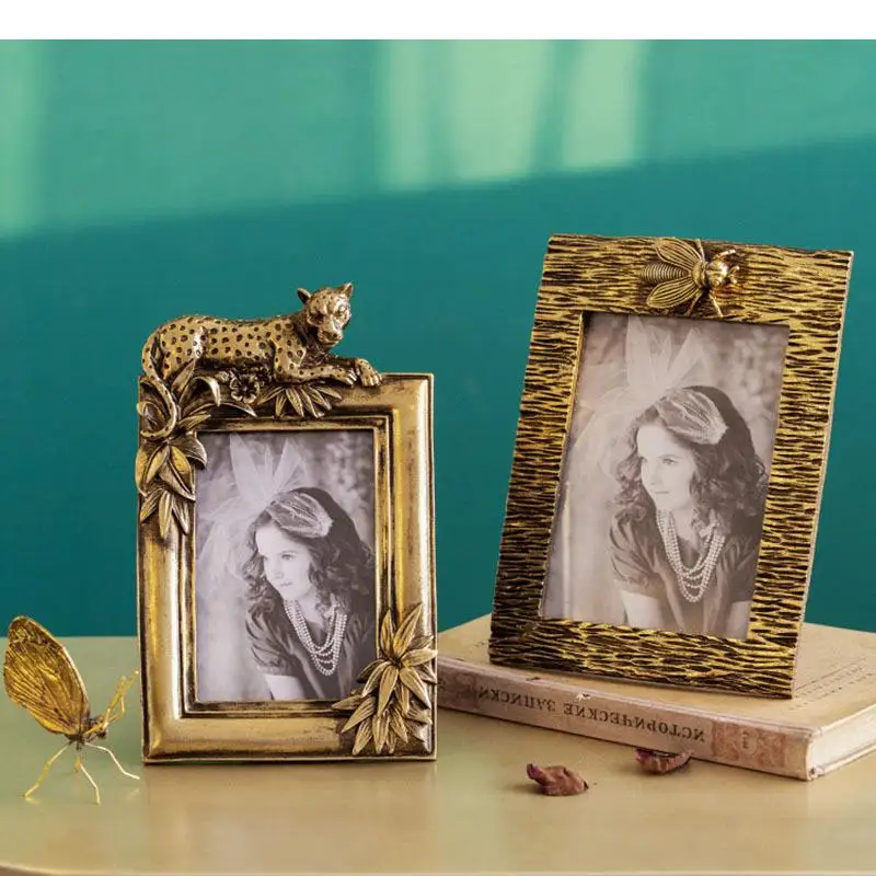 

6/7 Inch Leopard Decorative Border Photo Frame Gold Frames for Pictures Nightstand Tabletop Family Portrait Ornaments Home Decor