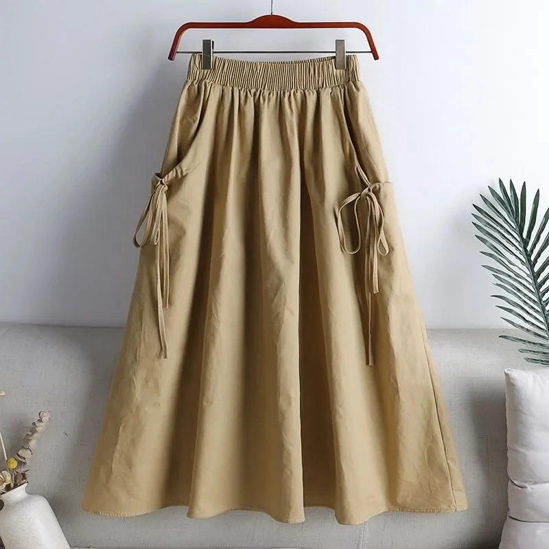 

Solid Elastic Waist Drawstring Skirt Women Spring Summer Streetwear Thin All-Match A-Line Skirts Woman Lazy Style Loose Skirt