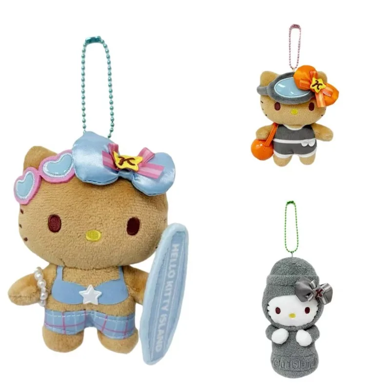 Sanrio Jeju Island serie azul Hello Kitty tabla de surf cuero negro muñeco de peluche llaveros bolso escolar colgante bolso de dibujos animados colgante