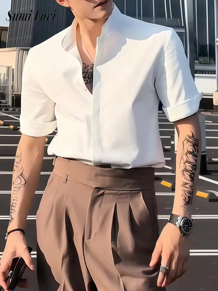 

Vintage Mens Stand Collar Slim Shirts Spring Summer Daily Casual Button-up Short Sleeve Shirt Tops Men Trendy Solid Color Shirts