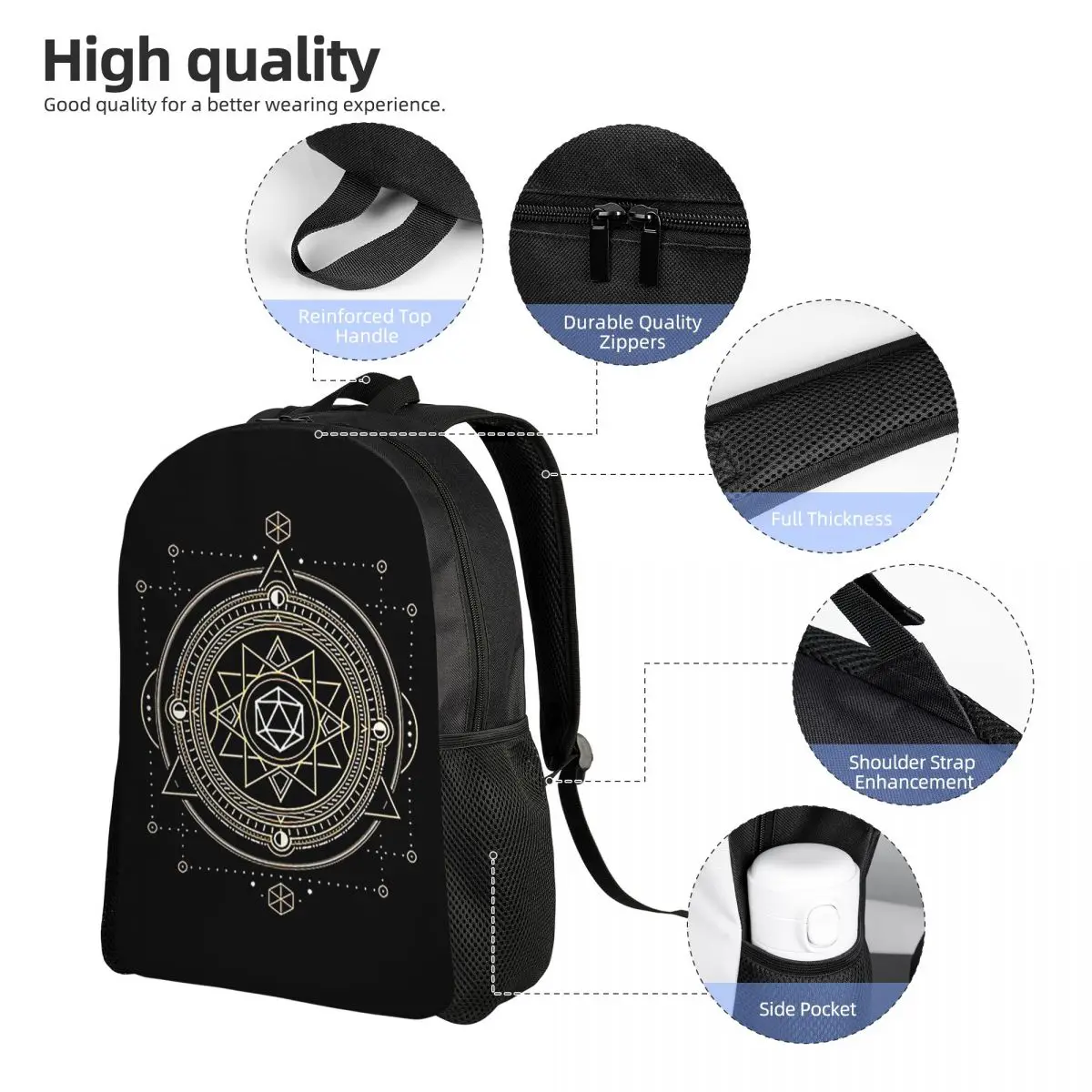 Dadi poliedrici D20 Simbolo sacro dell'Occulti Studente Zaino Borsa da scuola Escursionismo Viaggio Zaino Bookbag Borse a tracolla