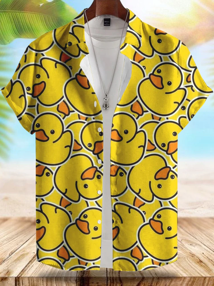 2024 Hawaii New Men's Short-sleeved Shirt Fashionable Yellow Duck Print Men's Casual Shirt Summer Street Daily Men's Shirt