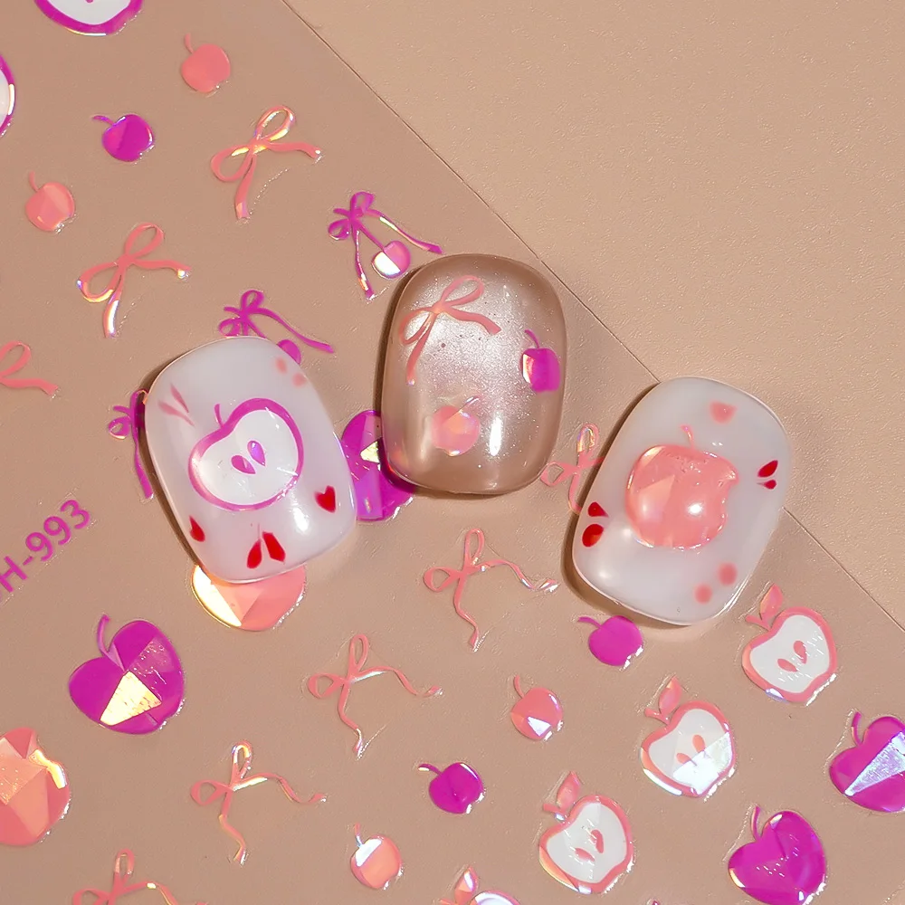 1/5/10 Uds. Pegatinas planas 3D para uñas con lazo de cereza y fruta, pegatinas ligeras para decoración de uñas DIY