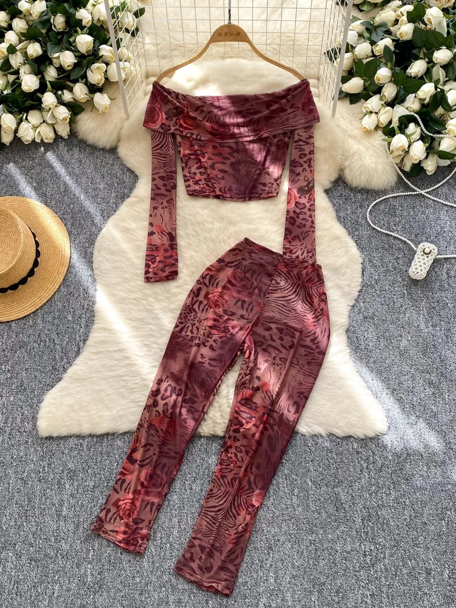 

Foamlina Summer Print Off Shoulder Crop Long Sleeve Top & High Waist Capri Pencil Pants Set European Fashion Street Women Outfit