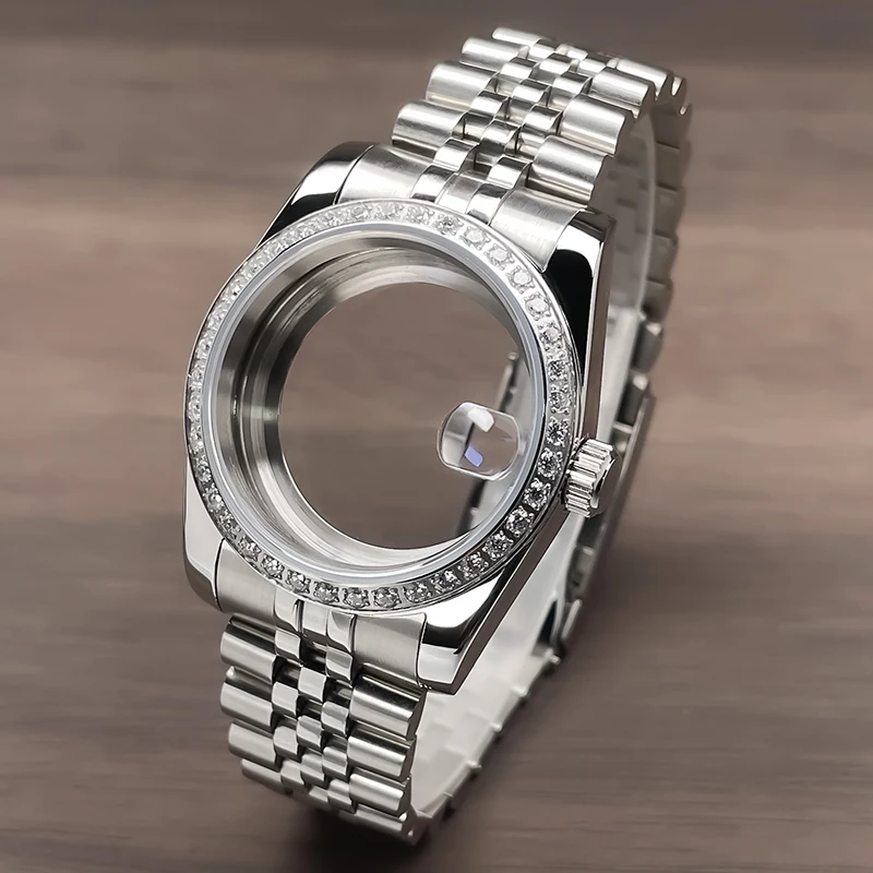 ตัวเรือนนาฬิกาขนาด 36 มม./39 มม. ขอบเพชร รุ่น DJ Jubile หรือ President สายแบบสายข้อมือ กระจกแซฟไฟร์ สำหรับดัดแปลงใส่เครื่อง NH35/NH36