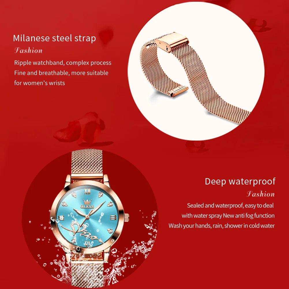 OLEVS 5530 Luxury Love Heart Diamond Ladies Watches Stainless Steel Mesh Strap Waterproof Quartz Wristwatch for Women Gift