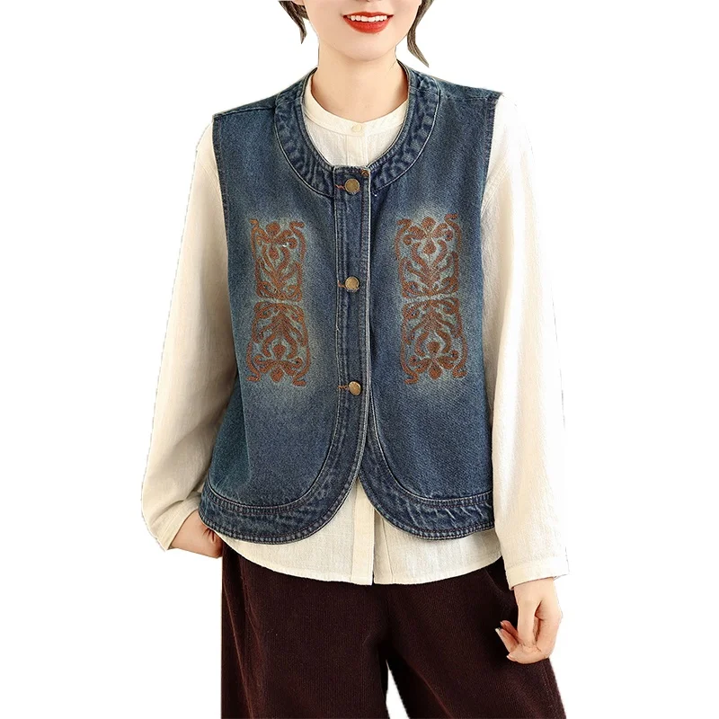 Gilet en Denim brodé pour femmes, coupe ample, vêtements d'extérieur de printemps, décontracté, artistique, polyvalent, grande taille, mélange de coton et de soie