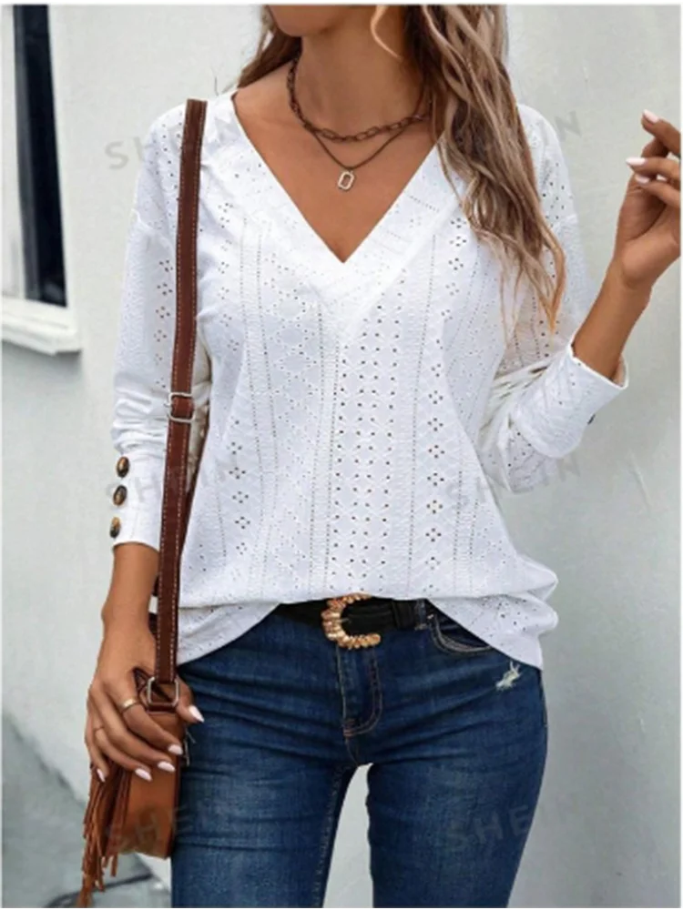 Women\'s White Long Sleeve V-Neck T-Shirt Lady Simple Hollow Button Spring Autumn Pullover Top