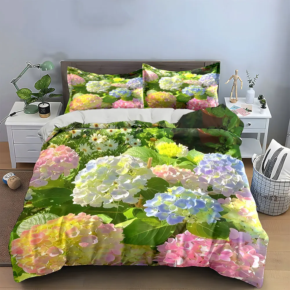 Pastel Hydrangea Daisy Floral Duvet Cover Set, Fresh Garden Green Leaf Bedding Includes 1 Duvet Cover And 2 Pillowcase, Gift