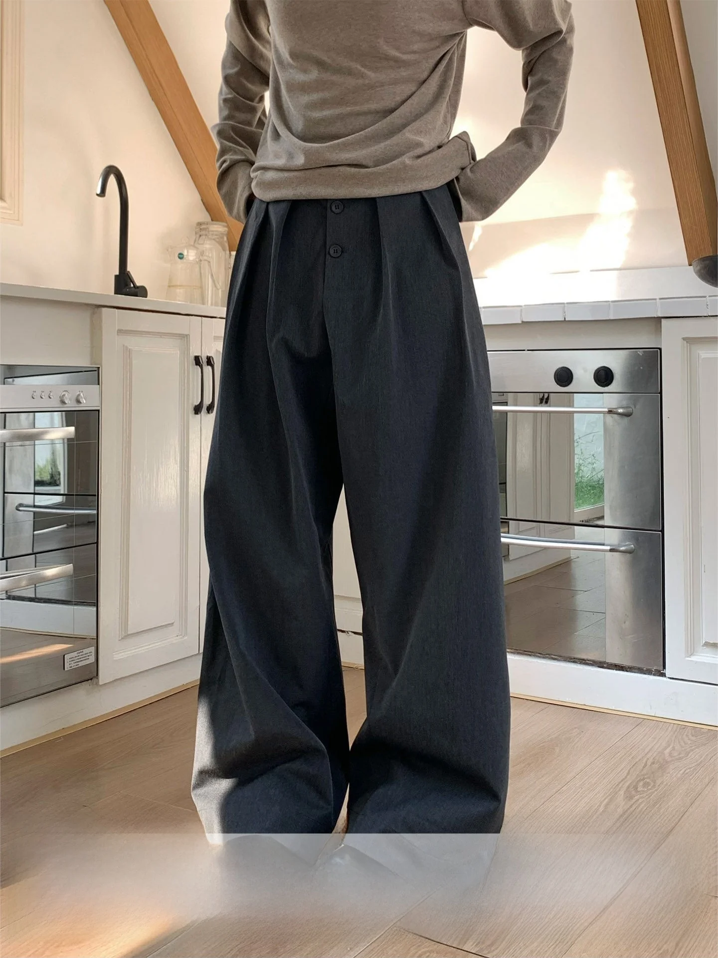 

Deep Grey Casual Wide Leg Suit Pants Unisex Autumn High Waist Straight Cut Long Trousers for Men And Women