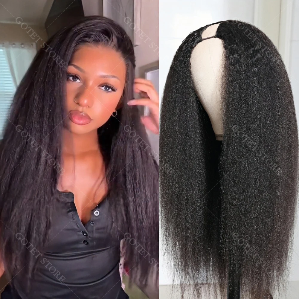 

12A V Part Wig Human Hair Kinky Straight Upgrade Adjustable Cap Full Machine Made V Shape Wig Yaki Straight Half Wigs No Glue