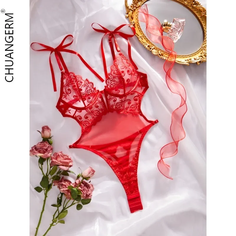 

CHUANGERM Lace Embroidery Onlyfans Lingerie Women's Underwear Sexy Bra Set Valentine's Day Hot Lure Jumpsuit Erotic Top Panties