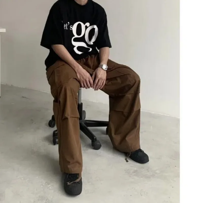 

Сплошной цвет, весна-осень, эластичные карманы, повседневные брюки-карго с высокой талией, мужская одежда, прямые шаровары, английские брюки