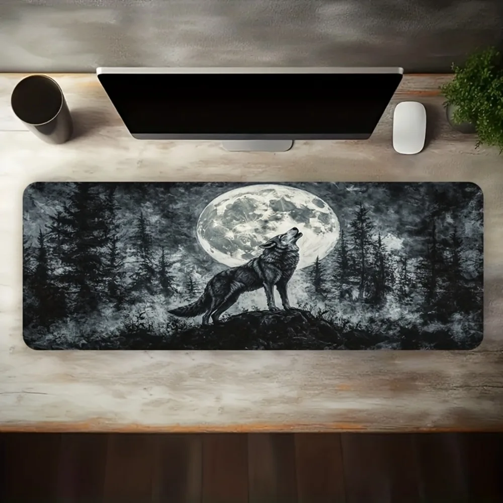 Black and white wolf howling moon forest retro hand-painted style, with anti-slip and washable rubber bottom alfombrilla ratón