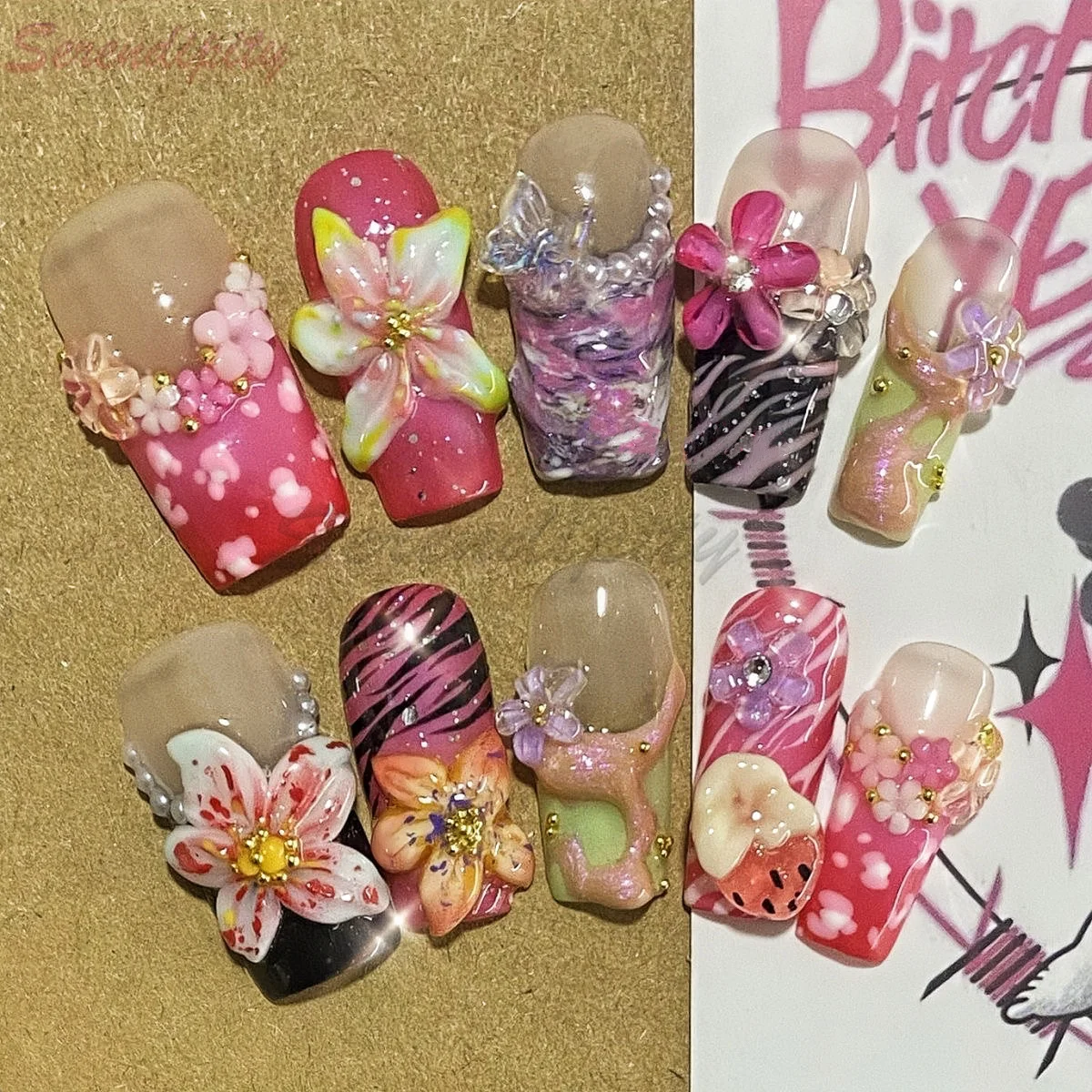 Handmade 3D Stick on Nails, Gel , Bloody Plaid, Diamond Ball, Manicure Armor, Press on Nails, Spring, Summer, 10Pcs Fake Nail