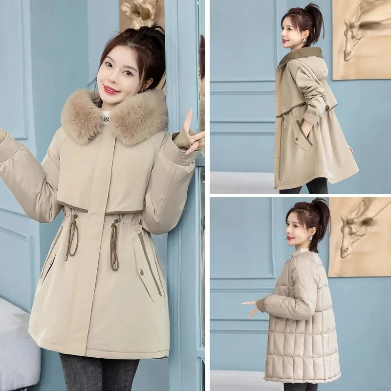 Women Parka Fashion Long Coat Wool Liner Hooded Parkas 2024 New Winter Jacket Slim with Fur Collar Warm Snow Wear Padded Clothes