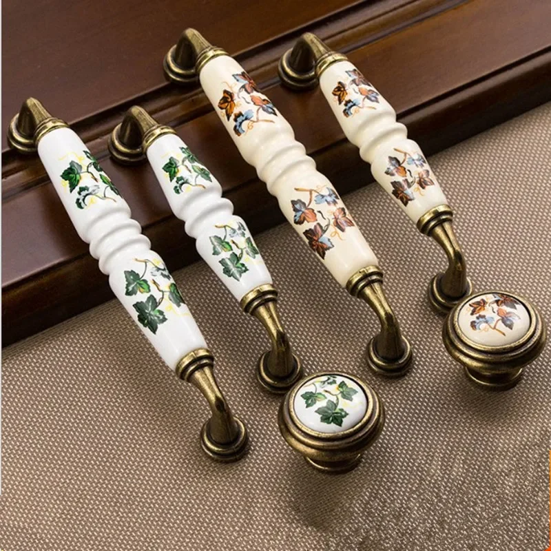 2PCS Vintage Rural Ceramic Drawer Cupboard Door Handles Green/Red Leaves Cabinet Pulls Dresser Kitchen Pull Knobs For Furniture