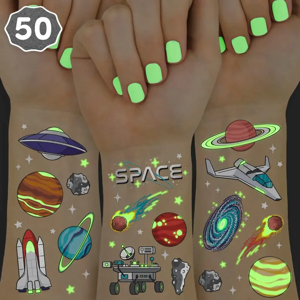 

Glow-in-Dark Space Temporary Tattoos for Kids - 50 pcs, Planets & Rocket Designs for Birthday Parties