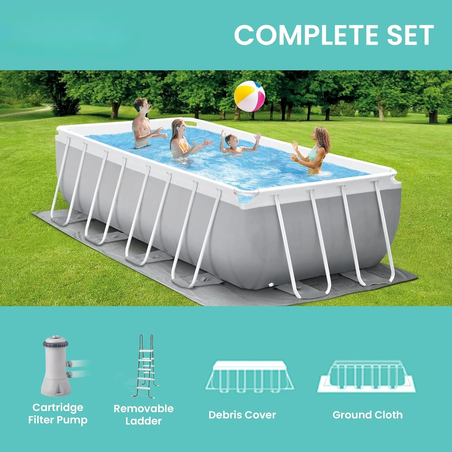 Rectangular Above Ground Swimming Pool Set 16ft x 8ft x 42in with 1000 GPH Filter Pump Complete Outdoor Backyard Summer, Custom image 5
