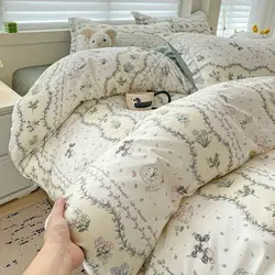 Ins Korean Bedding Set No Filler Floral Twin Queen Size Duvet Cover Flat Sheet Pillowcase Princess Girls Bed Linens