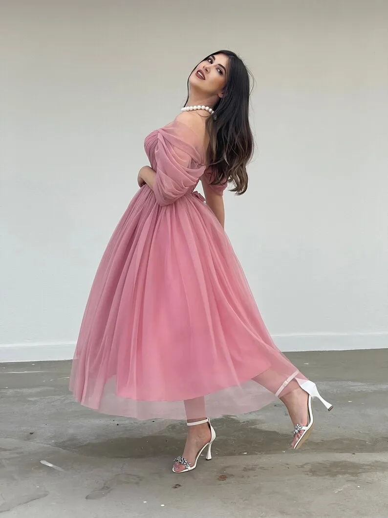 Vestidos de noite linha A com tule, fora do ombro, vestido de festa longo de chá, pregas e laço, elegante vestido de baile com renda
