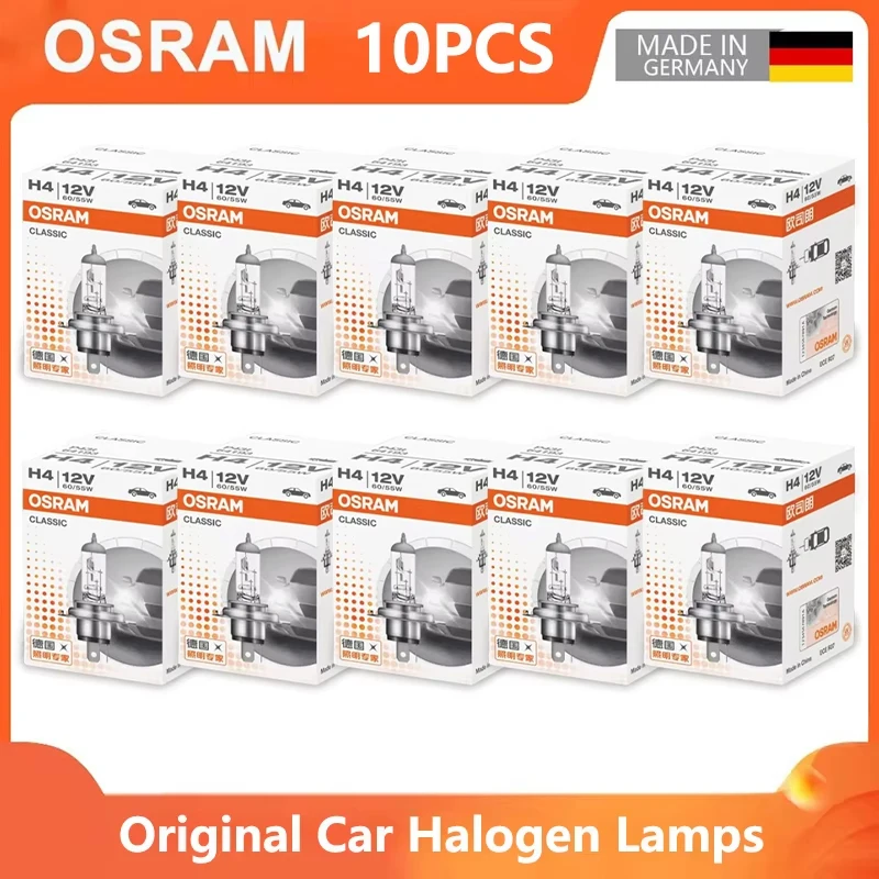 OSRAM 10 Bombillas Originales H4 H7 H11 HB3 HB4 3200K para Faros Delanteros H8 H9 H16 9005 9006, Bombillas Halógenas para Automóvil, Hechas en Alemania y EE. UU.