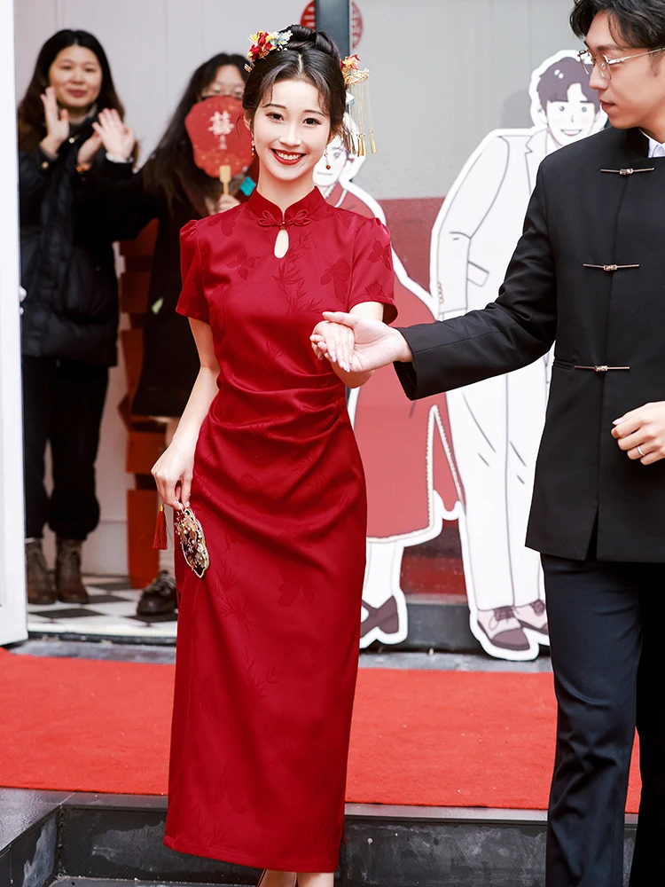 

Красное свадебное платье для помолвки, женское модное винтажное платье с длинной юбкой, высоким разрезом и короткими рукавами