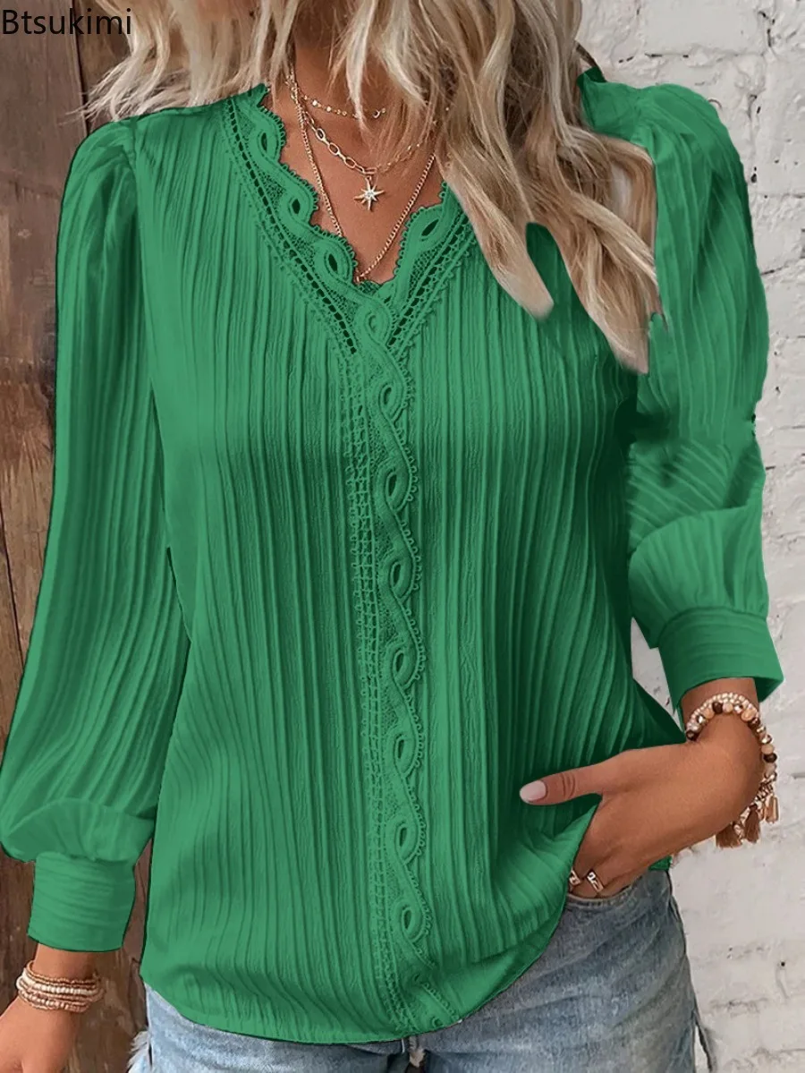 2024 camicie Casual a maniche lunghe da donna cuciture in pizzo con scollo a v camicia in Chiffon solido Pullover Top Fashion Lady elegante camicetta da strada