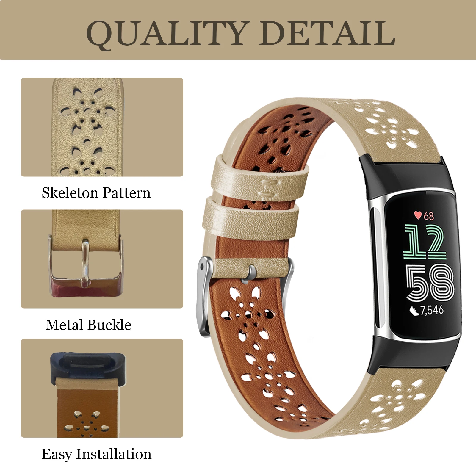 2Pack Hollowed Leather Band for Fitbit Charge 5/6 Smart Watch Soft Comfortable Replacement Wristband for Fitbit Charge 6/5 Strap