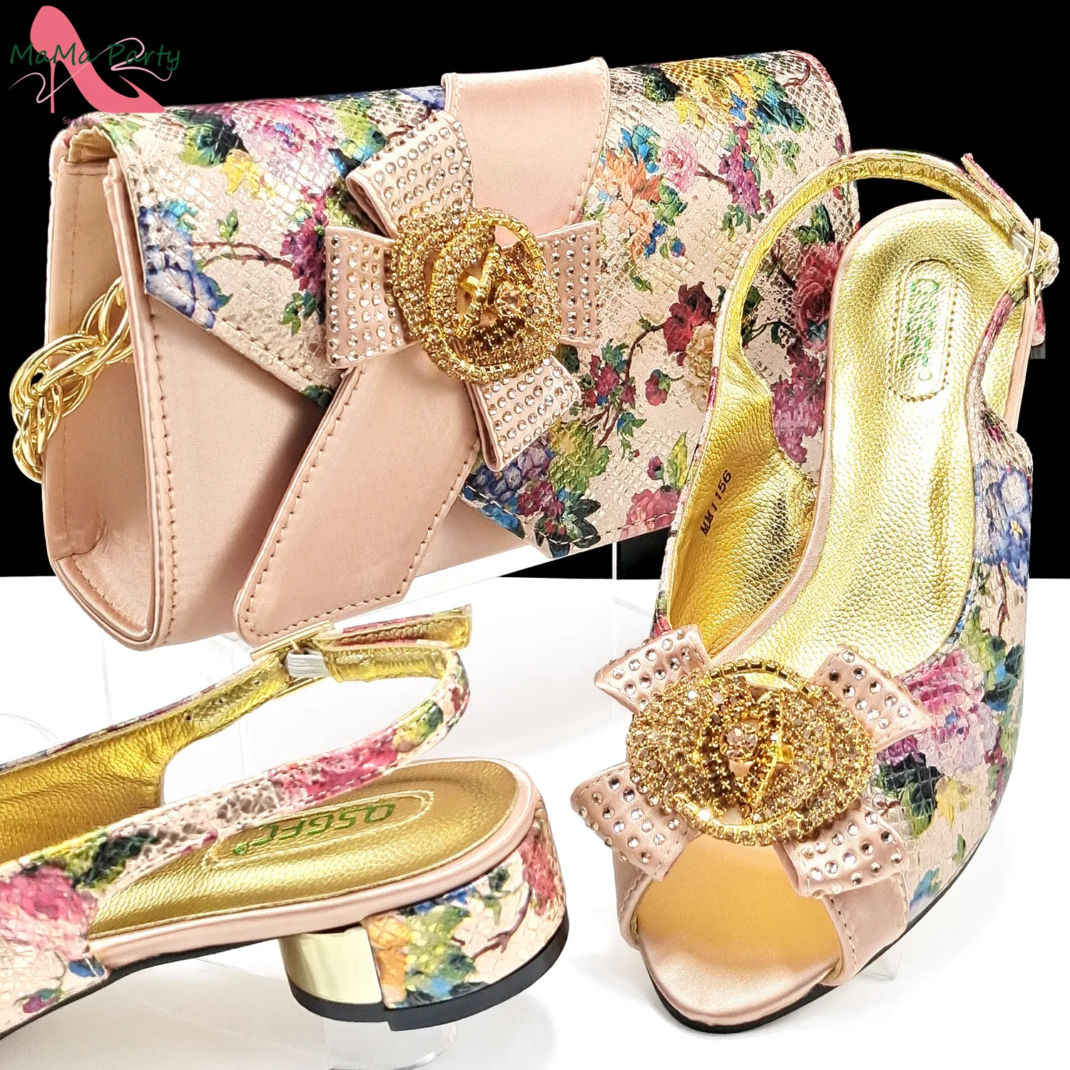 

2024 Luxury Italian Design Shoes and Bag Set in Peach Color Low Heels Comfortable Women Sandals for Wedding Party