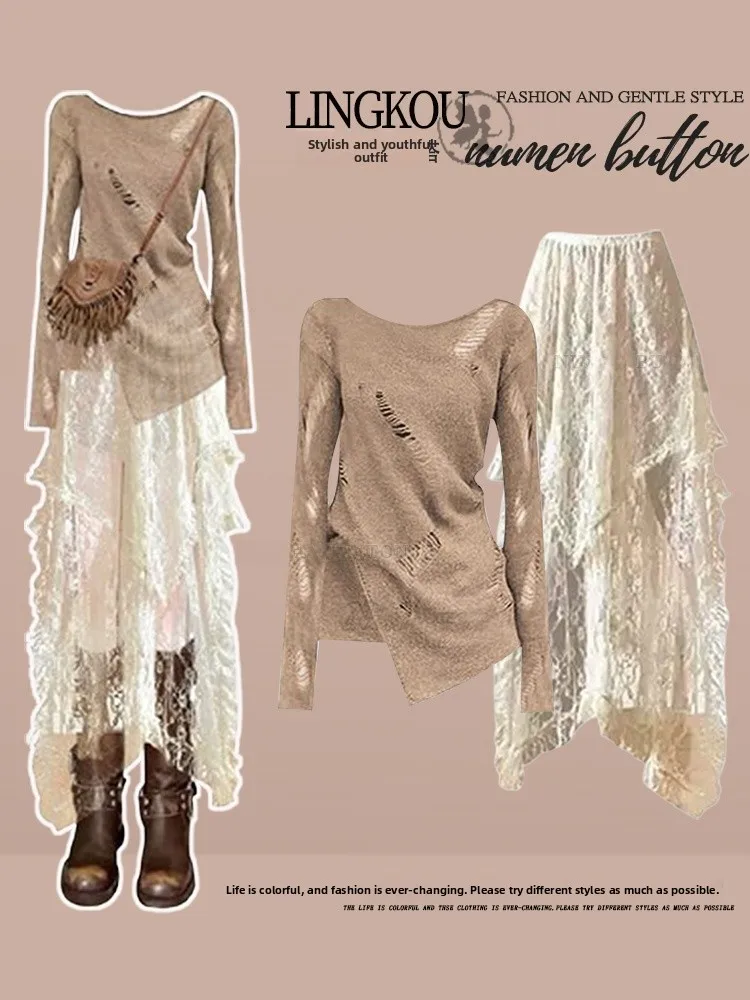 

Spring Vintage Spicy Girl Set Women's Lace Knitted Top Design Sense Irregular Skirt Two Piece Set Large Size Hole Design