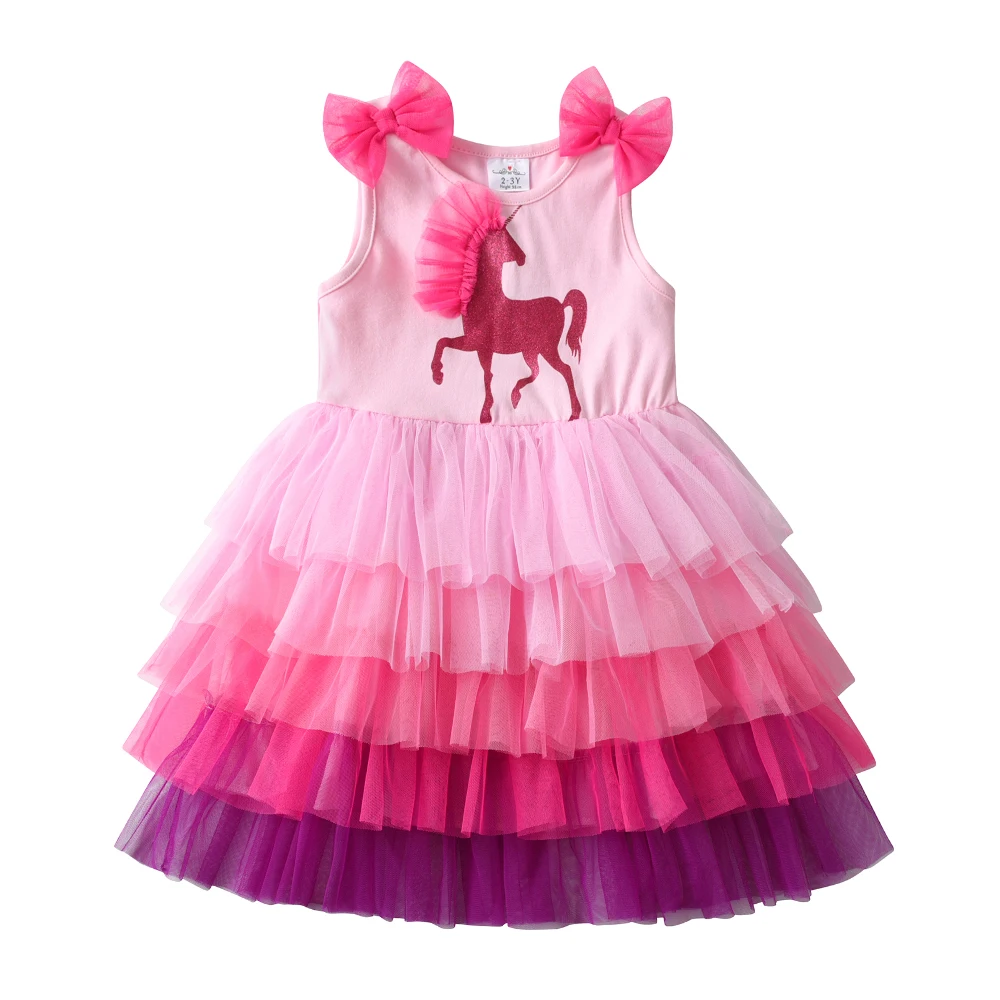 DXTON Sleeveless Summer Girls Dress Licorne Holiday Party Toddler Clothing Layered Chilidren Princess Dress Casual Kids Vestidos