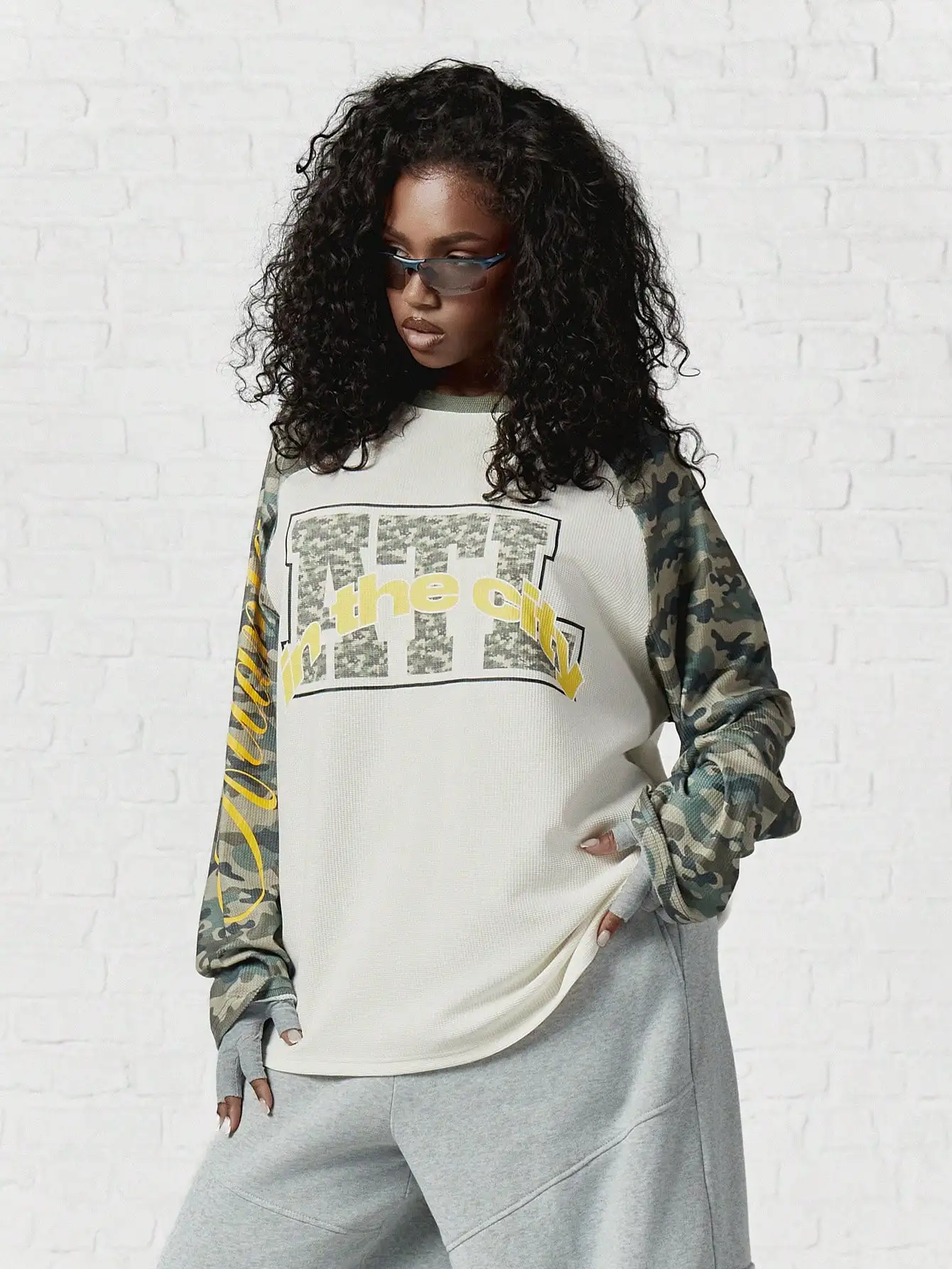 Oversized Waffle Knit Top Y2K Streetwear Graphic Raglan Long Sleeve T Shirt Camo Letter Print Casual Loose Pullover Top Crewneck For Fall Winter Daily Street Going Out Thanksgiving Gift