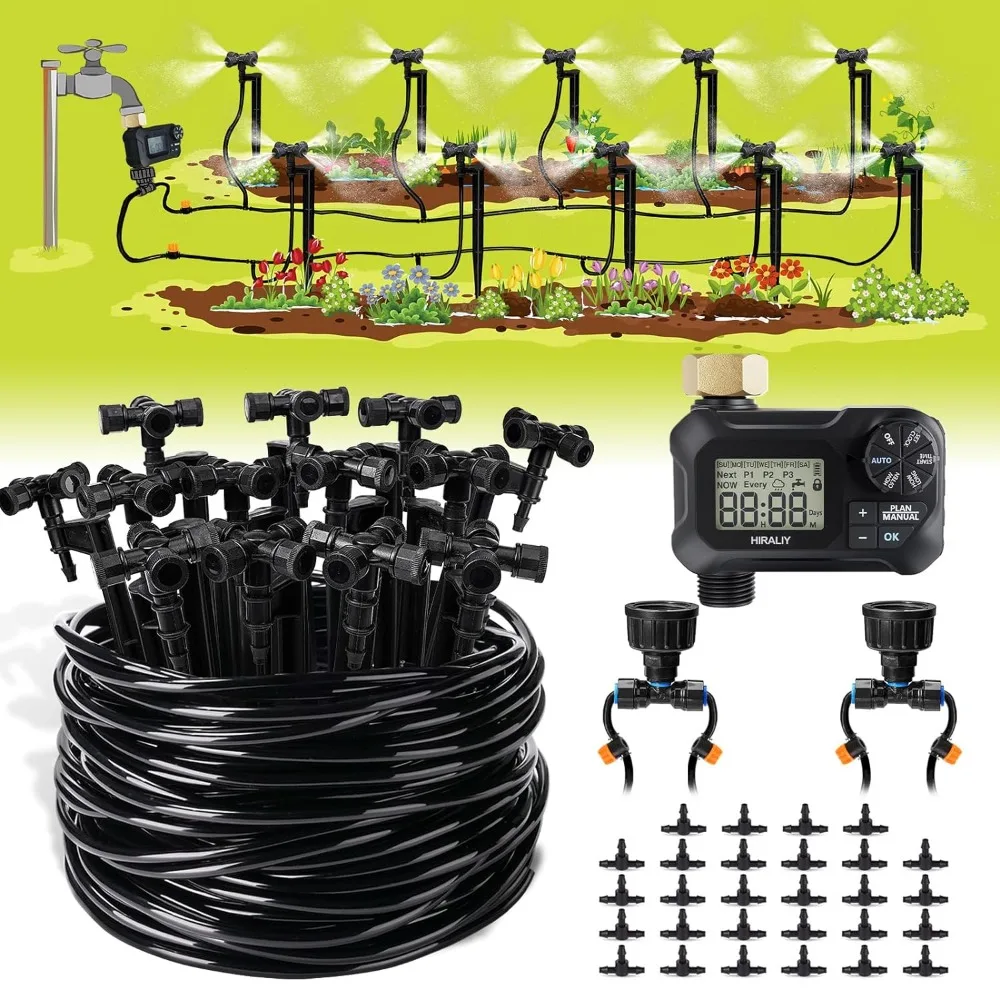 

Automatic Drip Irrigation Kits with Garden Timer, 1/4" Blank Tubing and 4-outlets Misting Watering Nozzles, Auto Watering System