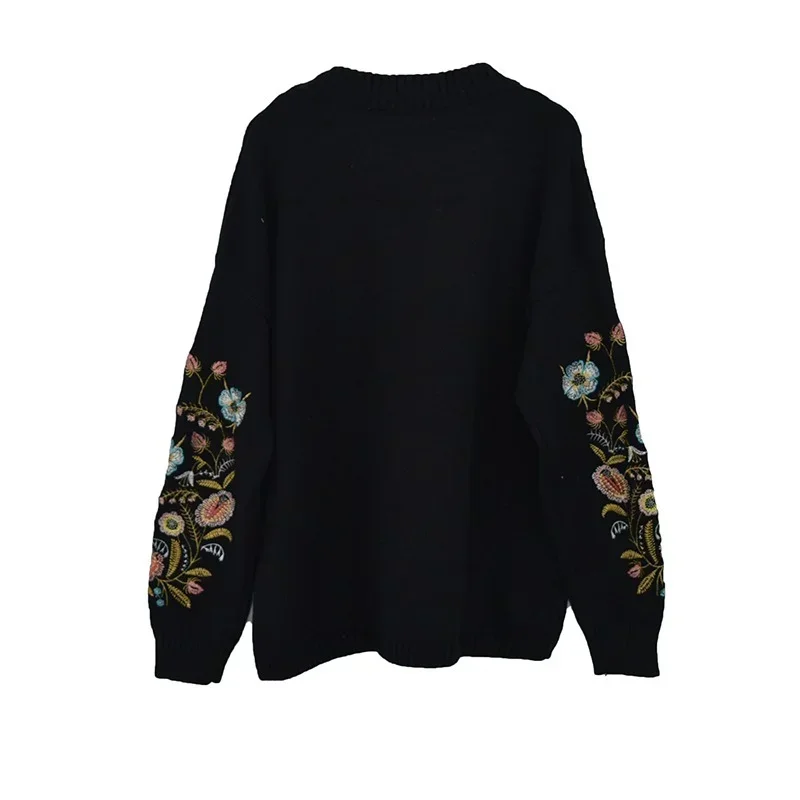 Spring 2024 Vintage Round Collar Flowers Embroidery Top Loose Korean Autumn Autumn Long Sleeve za Women New Fashion Sweater Y2k