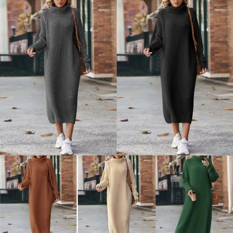 Women Solid Color Loose High Collar A Long Sweater 2023 Autumn Winter New Dress Sweater Women Long Sleeve Knitted Dress Sweater