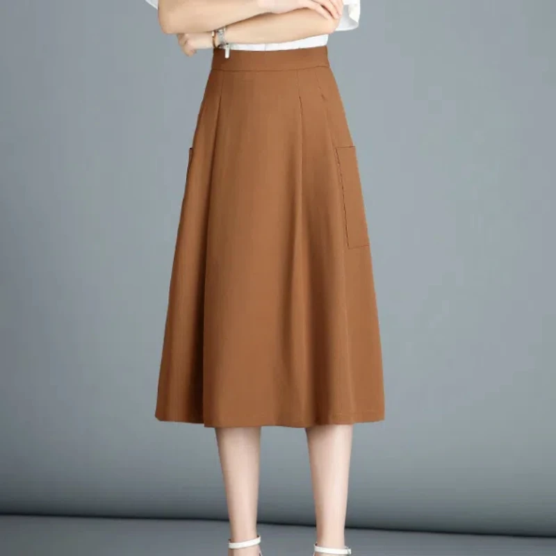 

New Spring and Summer Women's Solid Colors High Waist Elastic Loose Pockets Classic A-Line Trendy Comfortable All-match Skirt